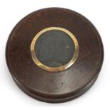 George IV circular oak snuff box with inset panel of York Minster and yellow metal mount