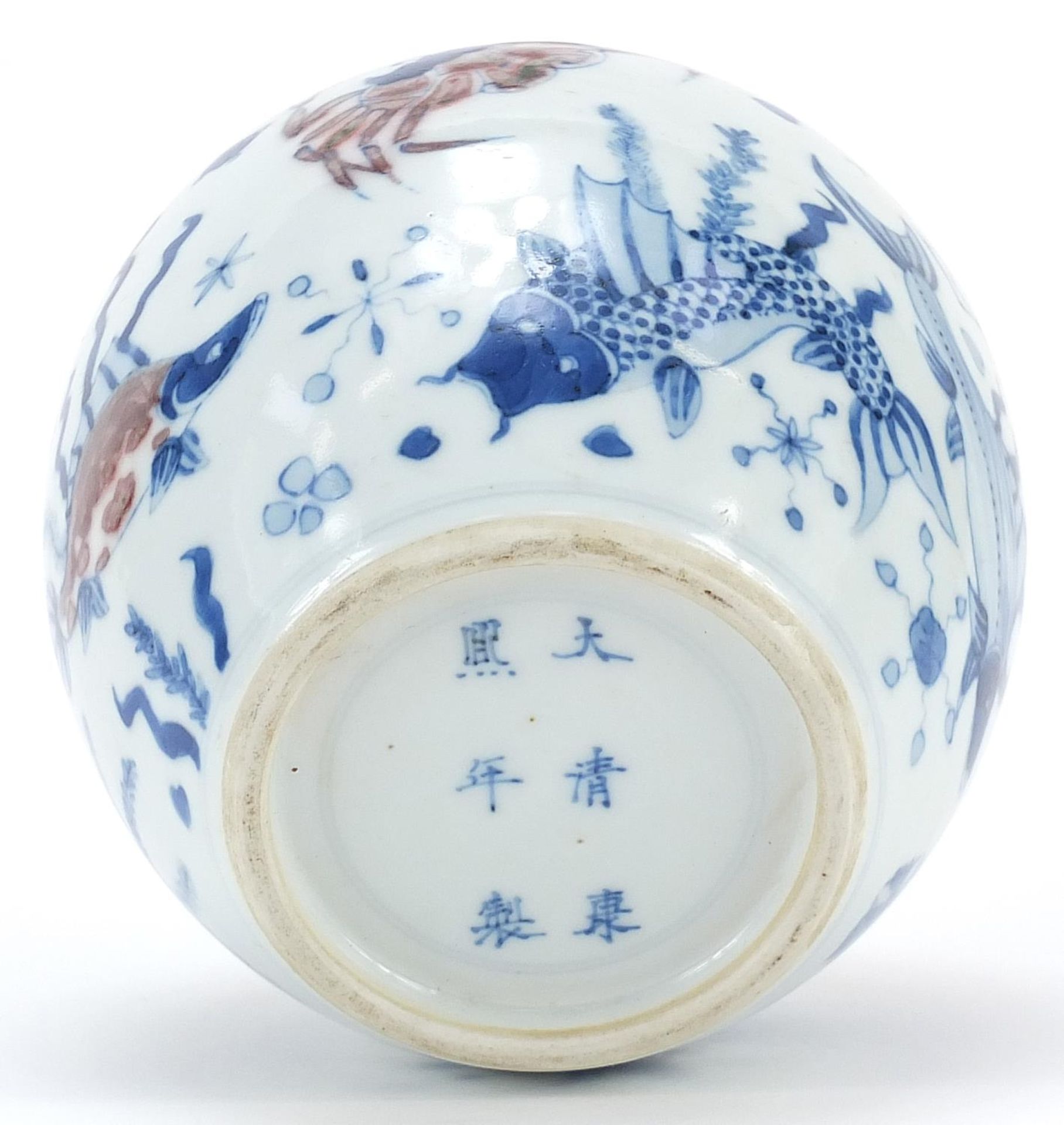 Chinese blue and white with iron red porcelain vase hand painted with fish amongst aquatic life, six - Image 3 of 3