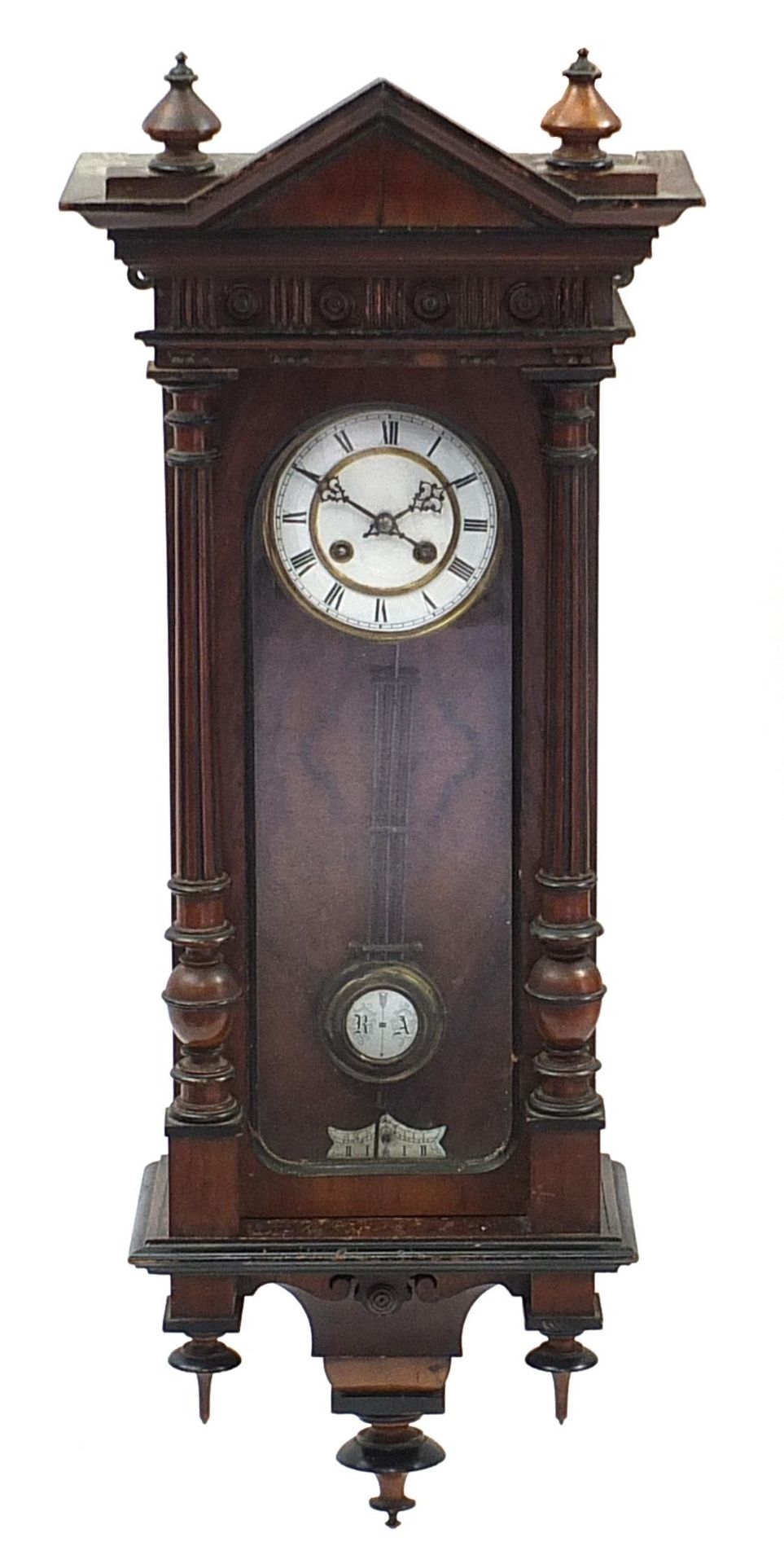 Mahogany Vienna Regulator striking wall clock with enamelled dial, 92cm high