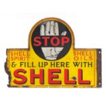 Vintage motoring interest Shell Stop and Fill Up Here with Shell enamel advertising sign, 63.5cm x