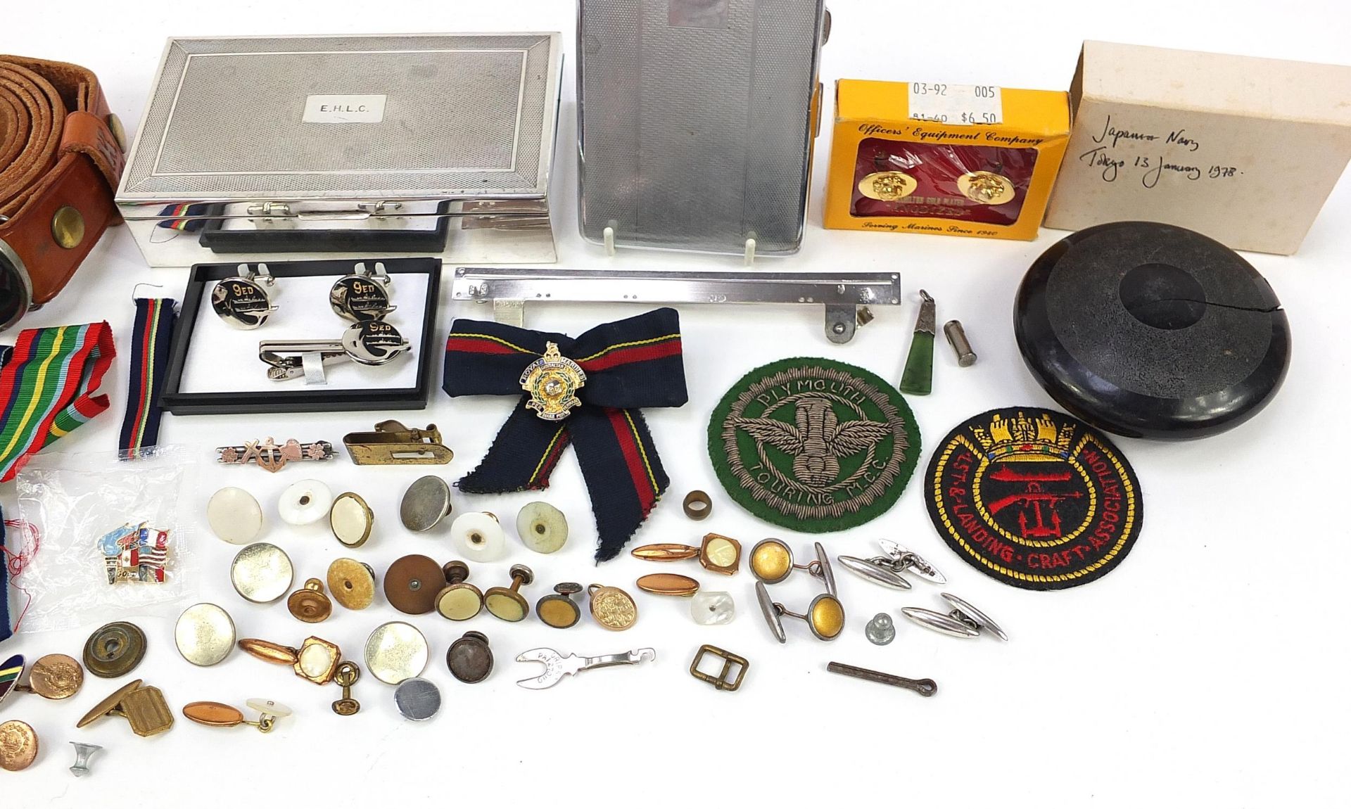 Sundry items, some militaria, including silver cufflinks, silver plated cigarette box and leather - Image 5 of 7