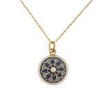 15ct gold white sapphire, pearl and enamel flower head pendant on a 9ct gold necklace, 2.2cm high