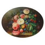 Still life flowers, oval Old Master Style oil on board, housed in an ornate gilt frame, 39cm x