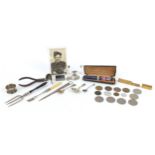 Sundry items including coins, desk calendar, caddy spoon and Parker pens