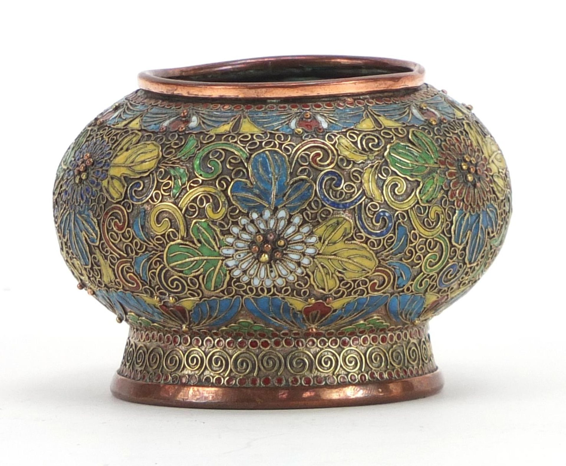 Brass and cloisonne vase with globular body enamelled with stylised flowers, 5cm high - Image 2 of 3