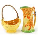 Burley Ware floral basket and jug with parrot design handle, the largest 22cm high