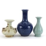 Three Chinese porcelain vases including one having a blue glaze, the largest 25cm high