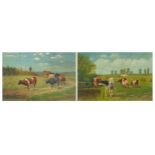 Cattle grazing before landscapes, pair of oil on boards, mounted, framed and glazed, each 22.5cm x