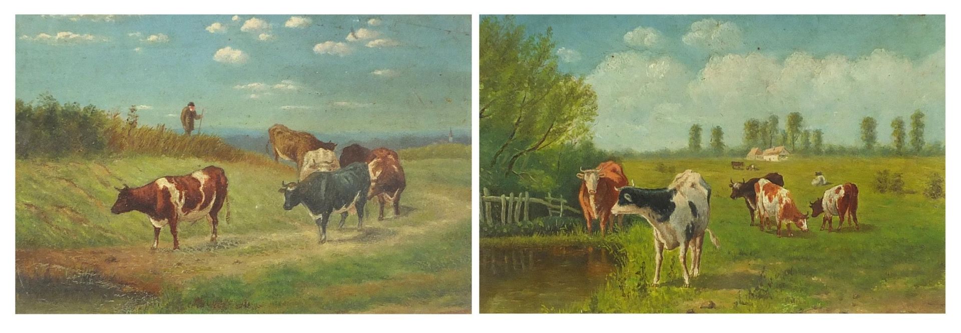 Cattle grazing before landscapes, pair of oil on boards, mounted, framed and glazed, each 22.5cm x