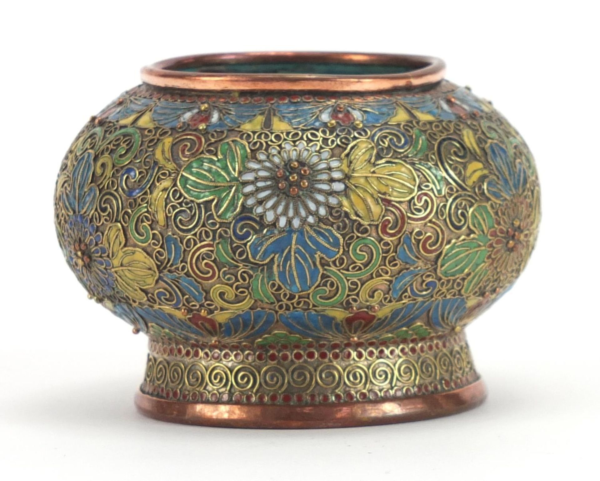 Brass and cloisonne vase with globular body enamelled with stylised flowers, 5cm high