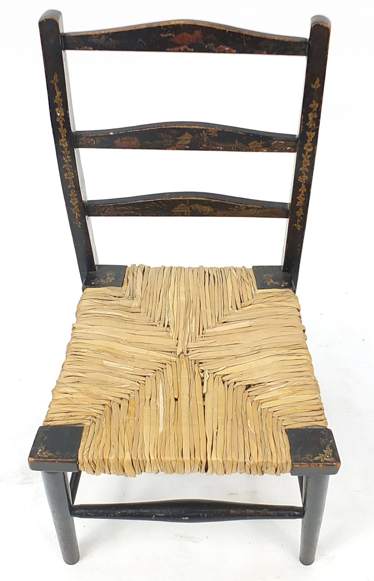Chinese black lacquered chinoiserie child's chair with wicker seat, 63cm high - Image 3 of 4