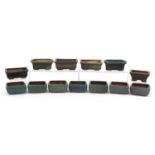 Thirteen Chinese stoneware bonsai planters having various green glazes, the largest each 14.5cm in