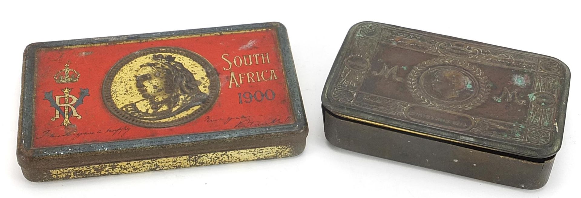 Two British military tins comprising a World War I Mary and South Africa chocolate, the largest 15.