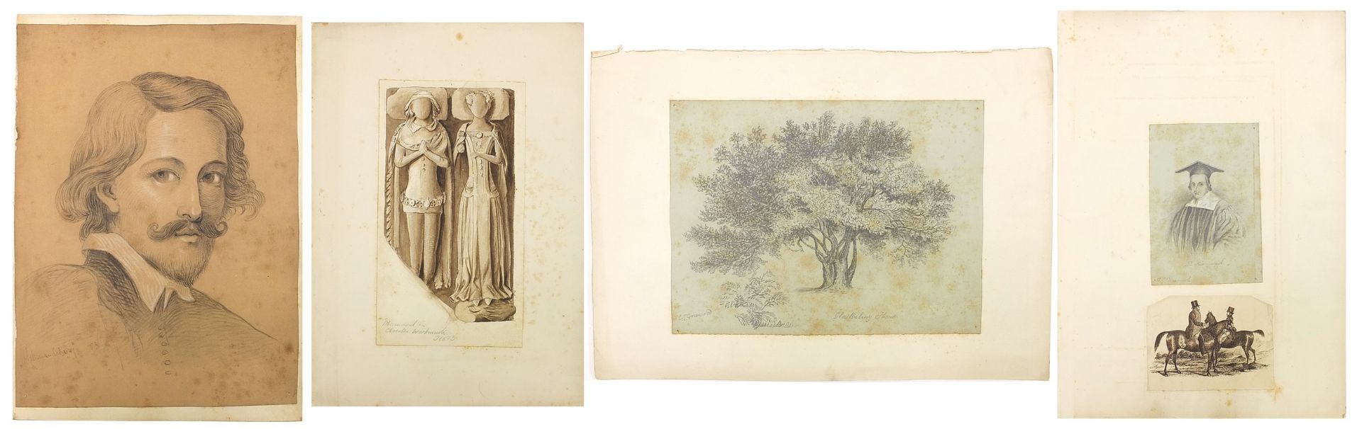 19th century and later inks, watercolours and pencil sketches including portrait of a 17th century