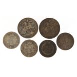 George III and later British coinage comprising 1889 and 1891 crowns and 1817, 1887, 1898 and 1899