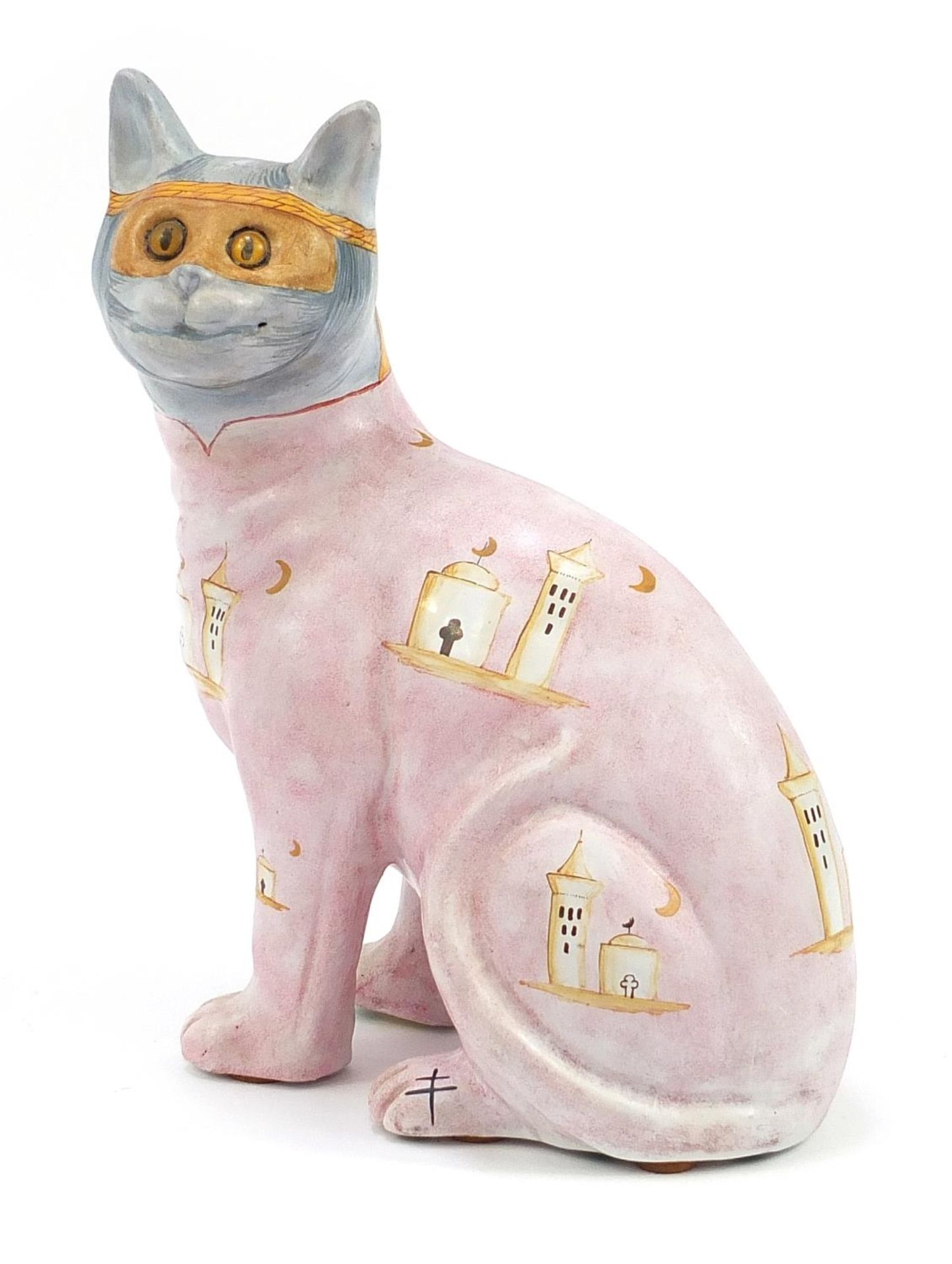 Emile Galle, French Art Nouveau cat hand painted with mosques, signed E Galle to the base, 33cm high