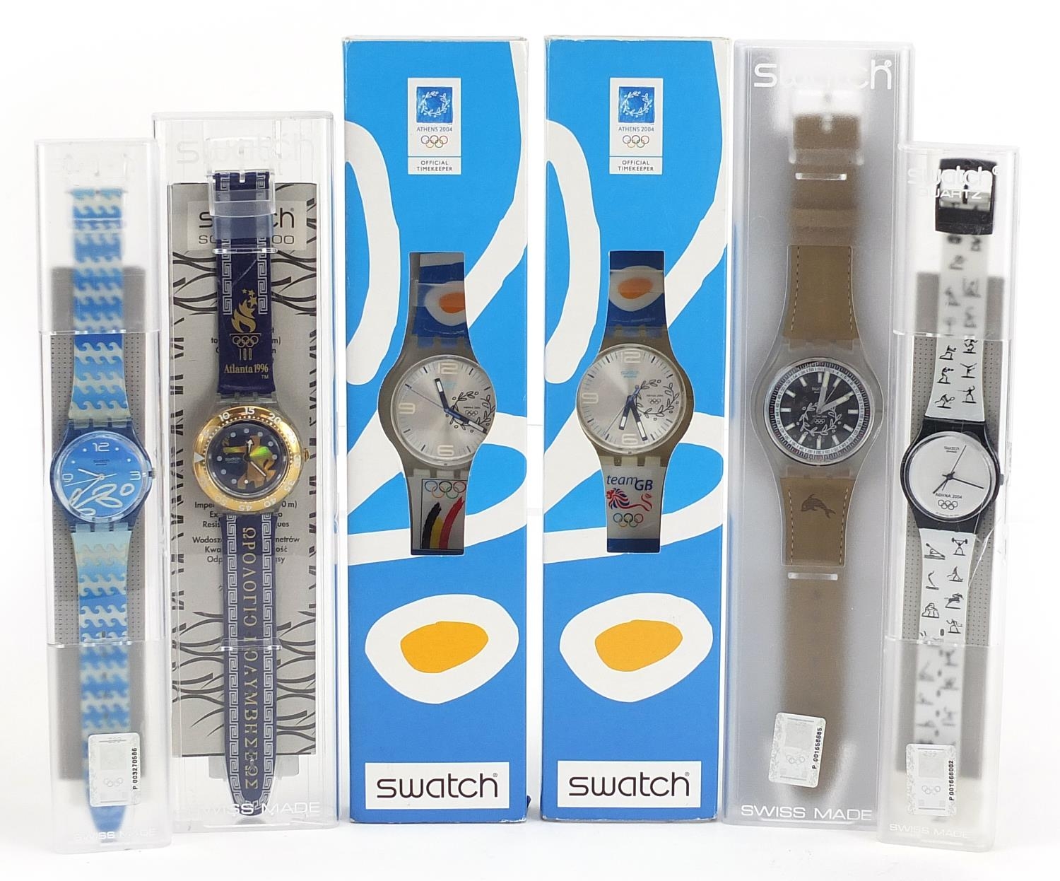 Swatch, six Swatch Collector's Club Olympic wristwatches with boxes and cases