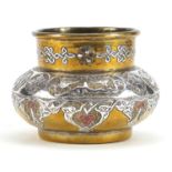 Islamic Cairoware brass vase with silver and copper overlay, 8.5cm high
