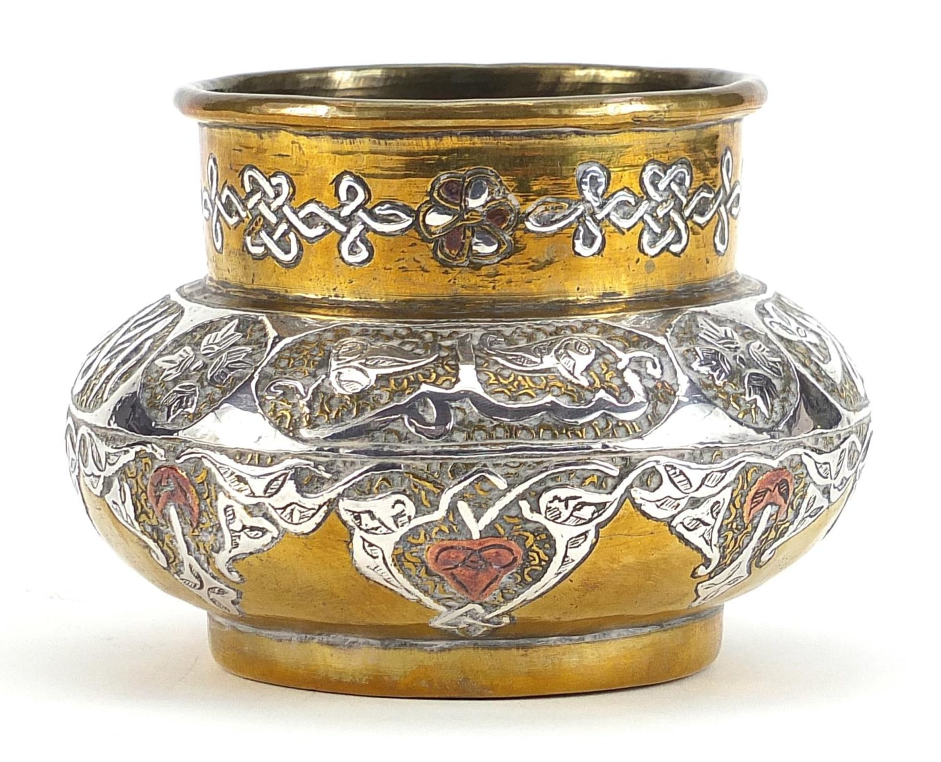 Islamic Cairoware brass vase with silver and copper overlay, 8.5cm high