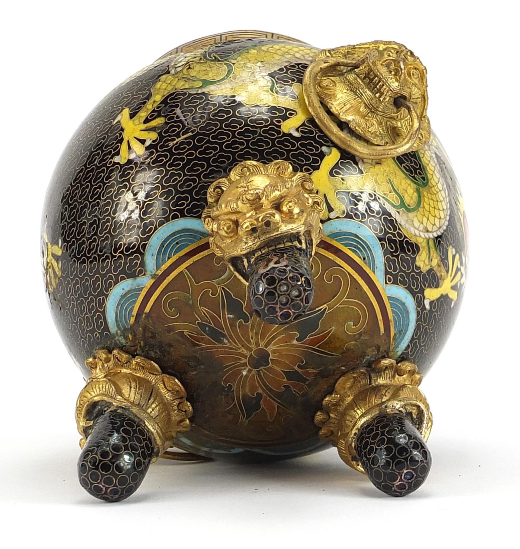 Chinese cloisonne tripod incense burner with pierced lid and ring turned handles enamelled with - Image 3 of 3