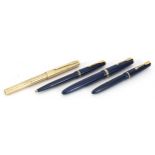 Four Parker pens, two fountain pens with gold nibs including Maxima Duofold