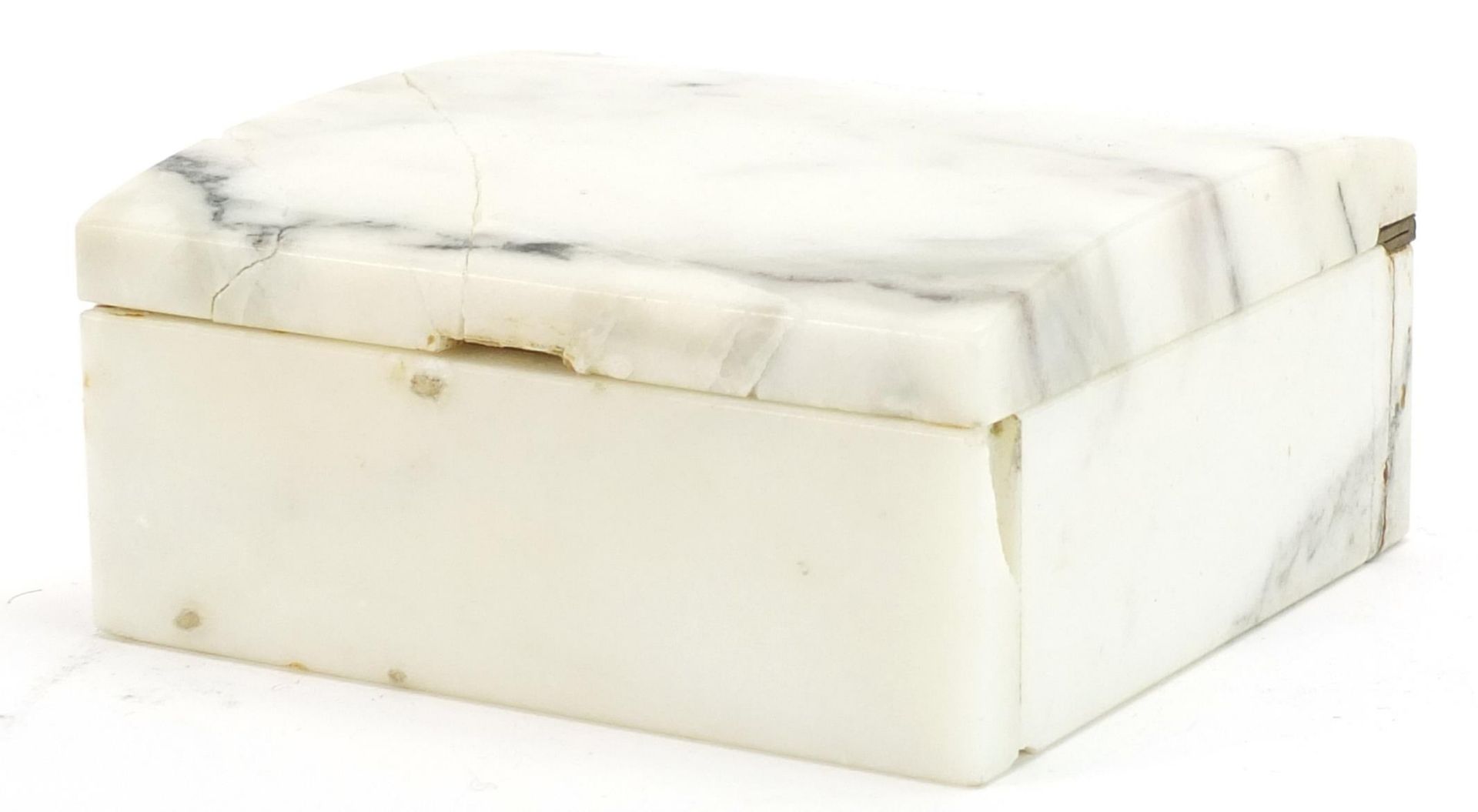 White marble box, the hinged lid with brass plaque engraved Made from the marble taken from the