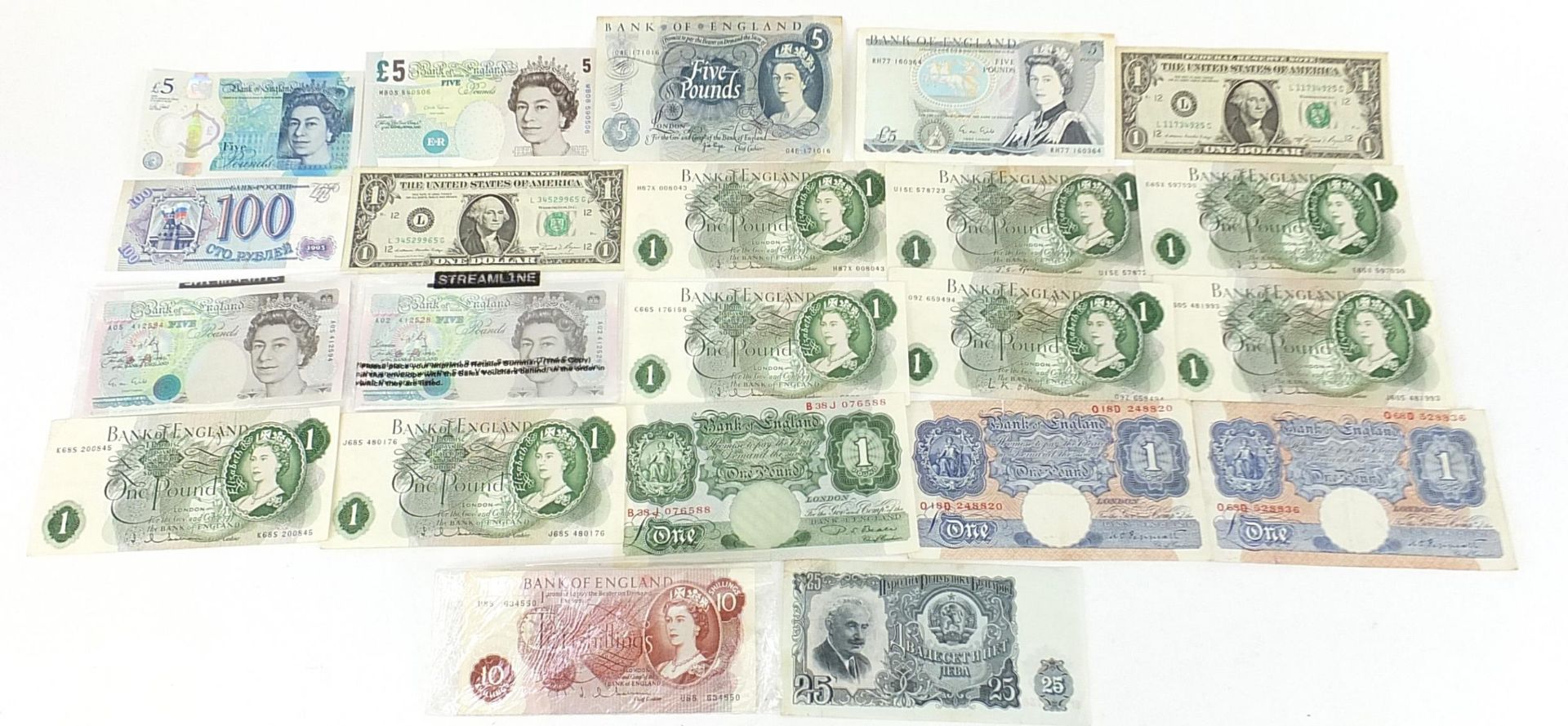 British and world banknotes including five pound and one pound notes, various cashiers