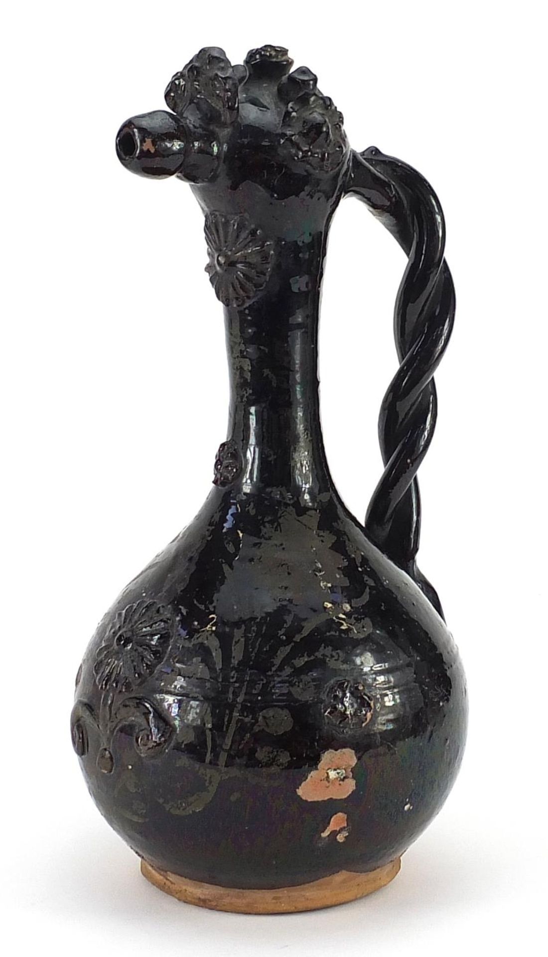 Turkish Canakkale pottery ewer hand painted with flowers, 38cm high