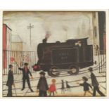 Laurence Stephen Lowry - Level crossing with train, pencil signed print in colour, Salford Museum