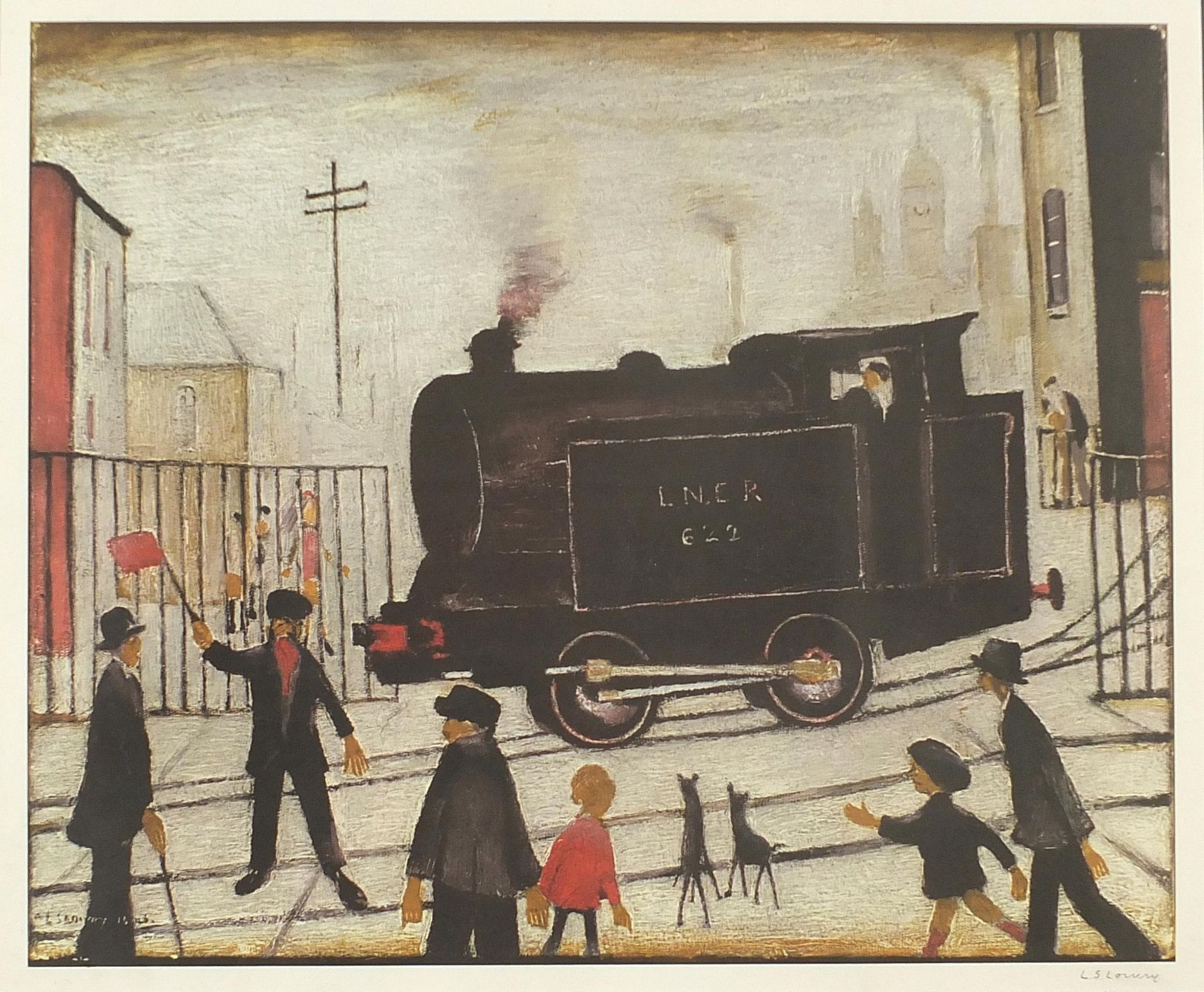 Laurence Stephen Lowry - Level crossing with train, pencil signed print in colour, Salford Museum