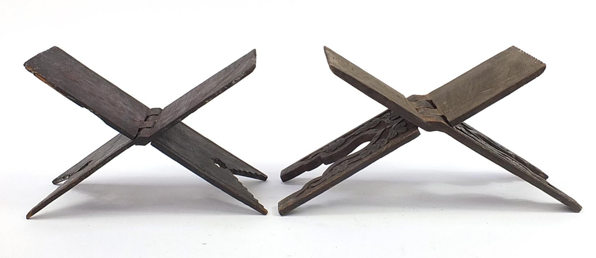 Two Islamic folding hardwood Quran stands including a lacquered example with traces of paint, the - Image 2 of 4