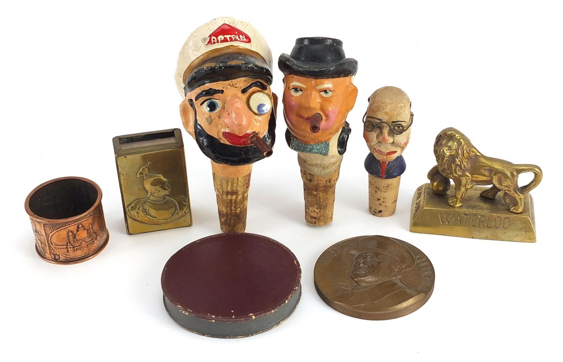 Political interest collectables including a Winston Churchill bronze medallion and painted bottles