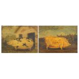 Pigs in pig sties, pair of 19th century Naive oil on wood panels, framed, each approximately 8.5cm x