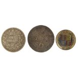 George III and later silver coinage comprising 1787 and 1867 shillings and an 1887 enamelled