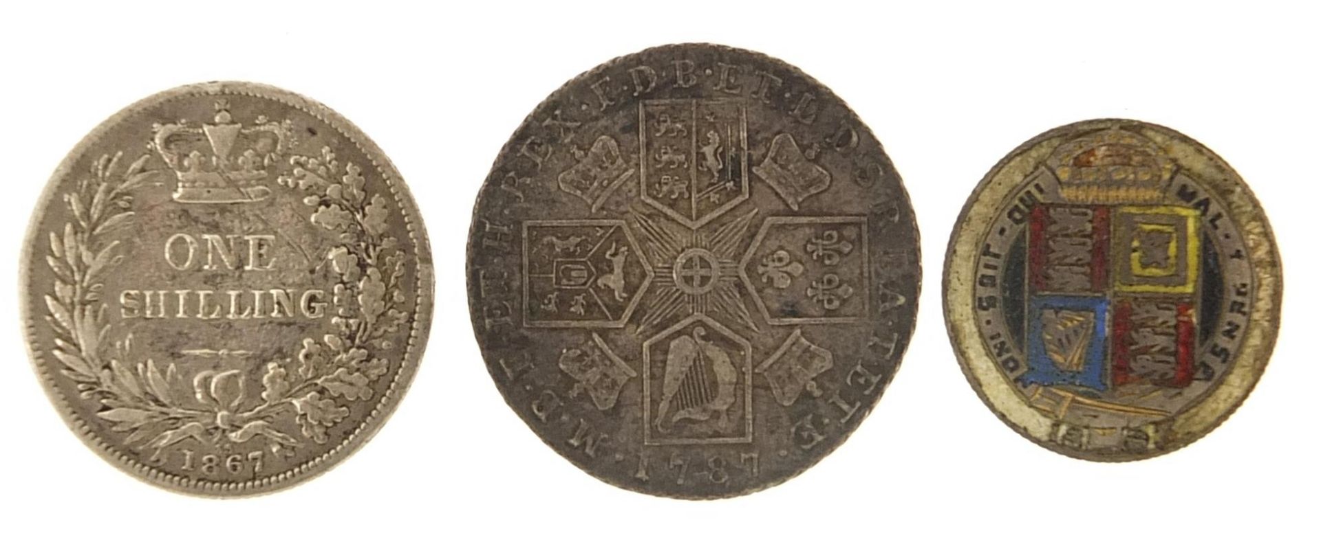 George III and later silver coinage comprising 1787 and 1867 shillings and an 1887 enamelled