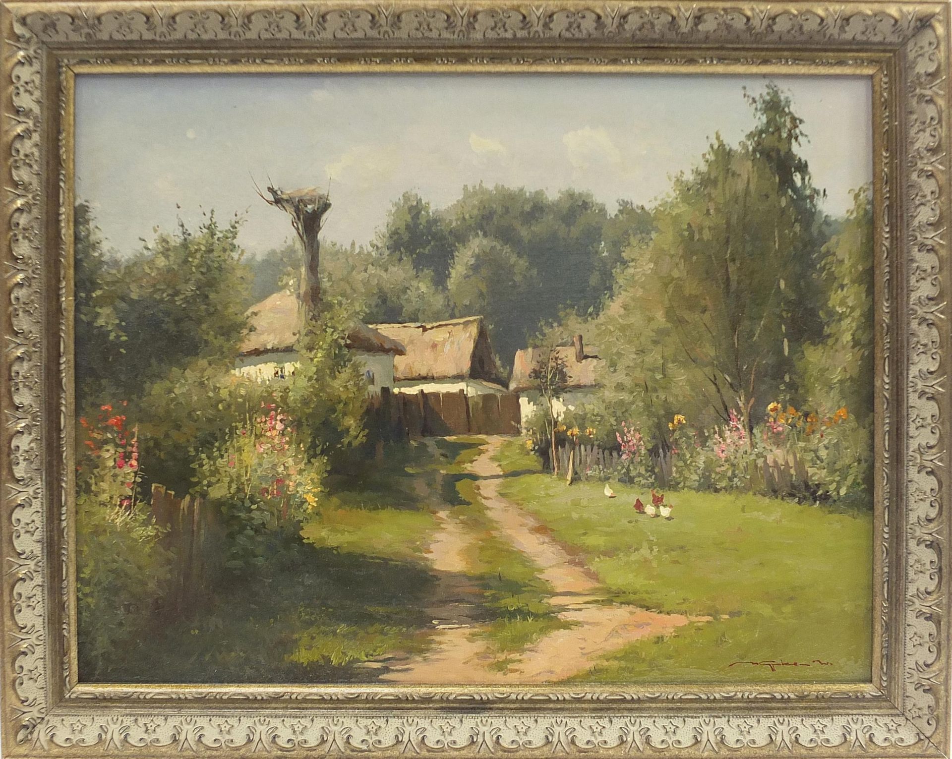 Village scene with chickens, Ukrainian oil on canvas, indistinctly signed and inscribed verso, - Image 2 of 6