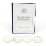 Four silver proof five pound coins from the History of Great Britain collection