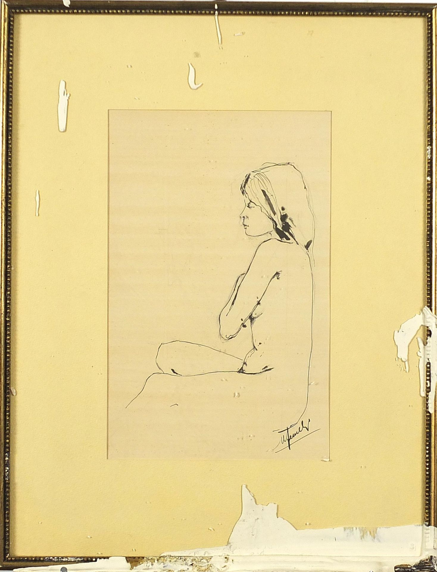 Portrait of a seated nude female, ink, indistinctly signed, mounted, framed and glazed, 27.5cm x - Bild 2 aus 4