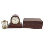 Sundry items comprising Victorian mahogany writing slope and Schatz mantle clock, the largest 40cm