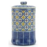 Studio pottery jar and cover hand painted with stylised motifs, incised mark and dated 1916 to the