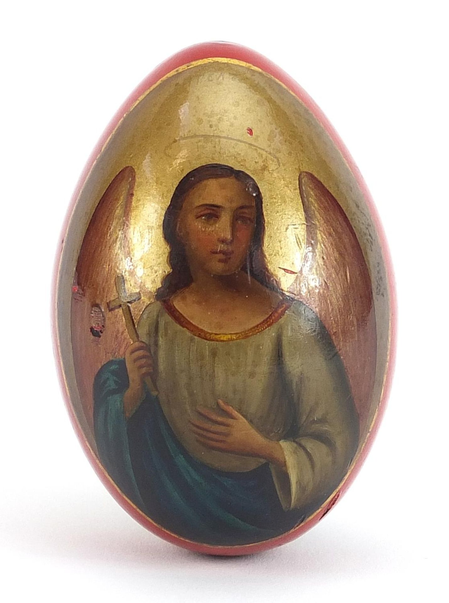 Lukutin, Imperial Russian lacquered Easter egg hand painted with Archangel Mikhail, 7cm high