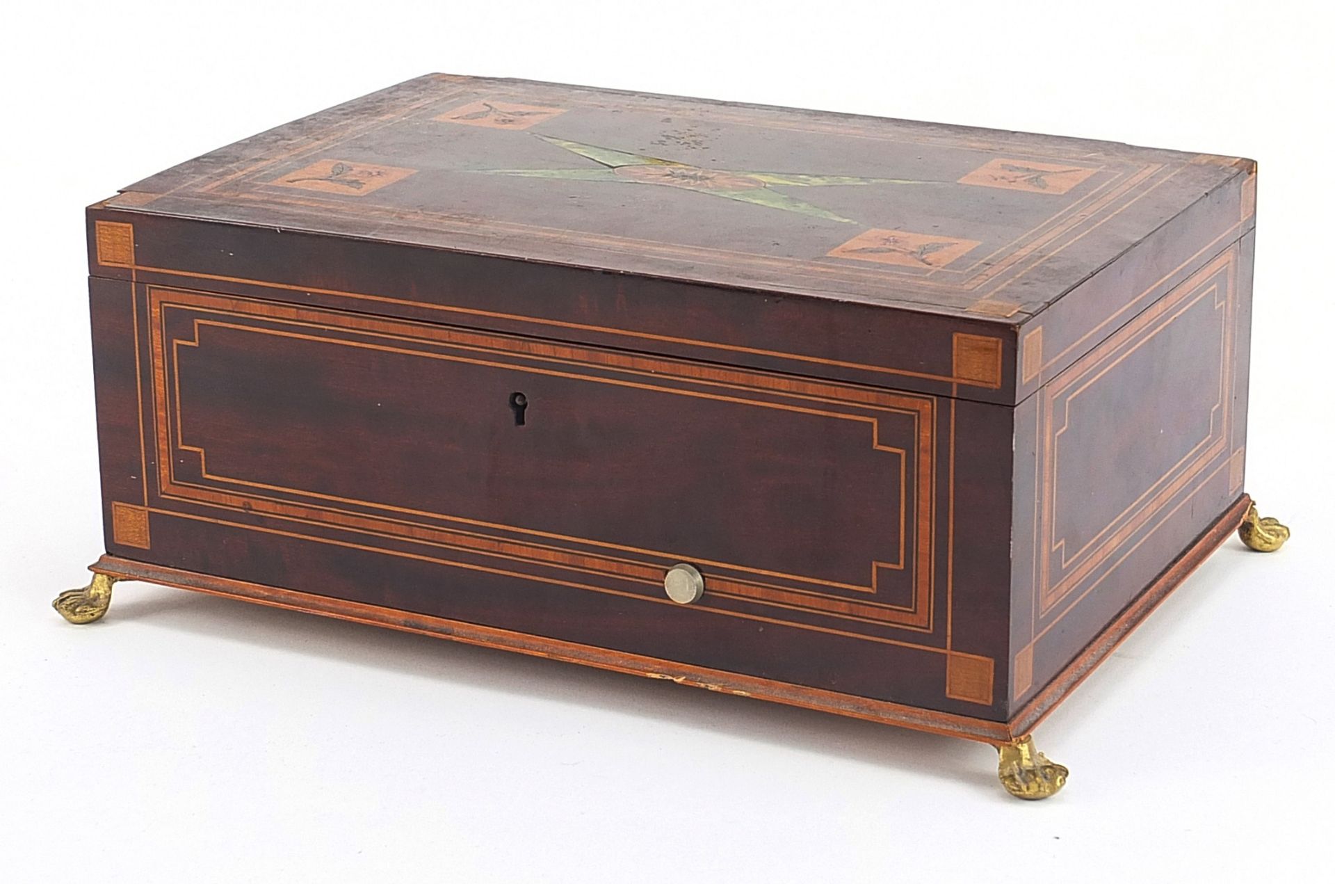 19th century inlaid mahogany musical jewellery box with lift out interior and Reuge movement, 11.5cm