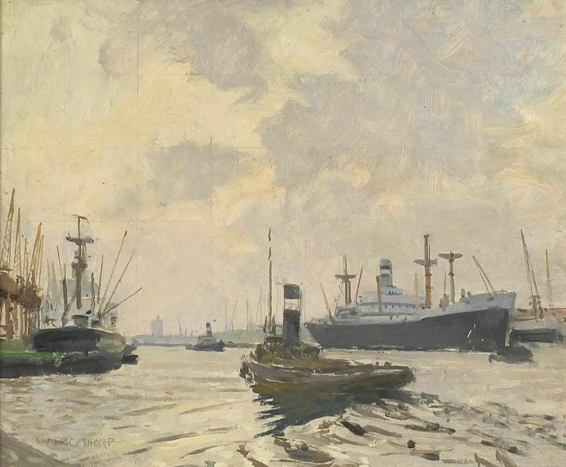William Eric Thorp - Boats on the River Thames, Modern British oil on board, W Frank Gadsby,