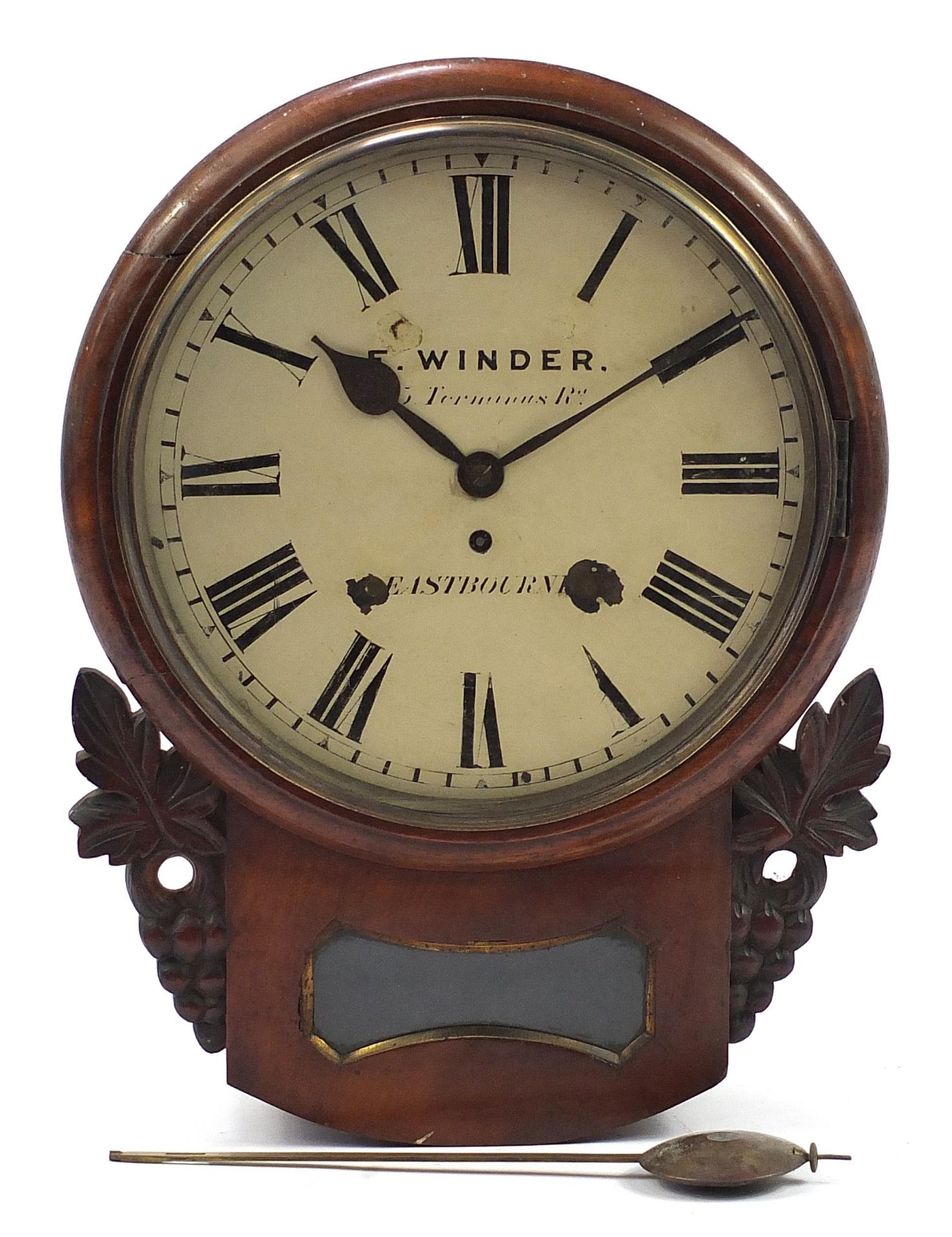 Victorian mahogany drop dial wall clock with fusee movement, the circular painted dial inscribed E - Image 2 of 5