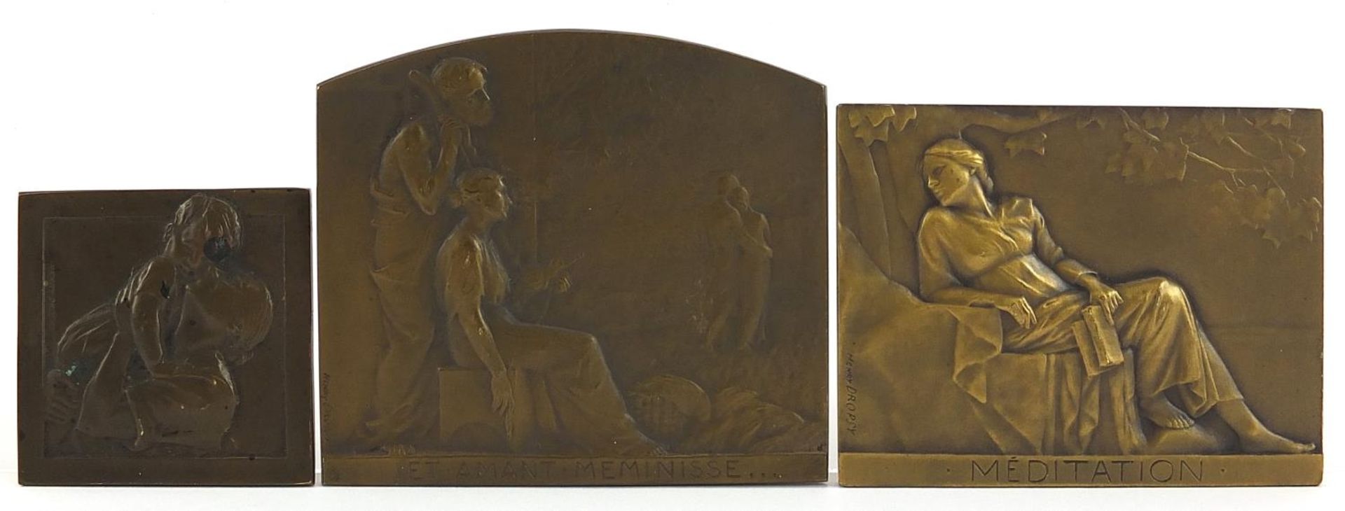 Henri Dropsy, three French Art Nouveau patinated bronze plaques including one titled Meditation, the