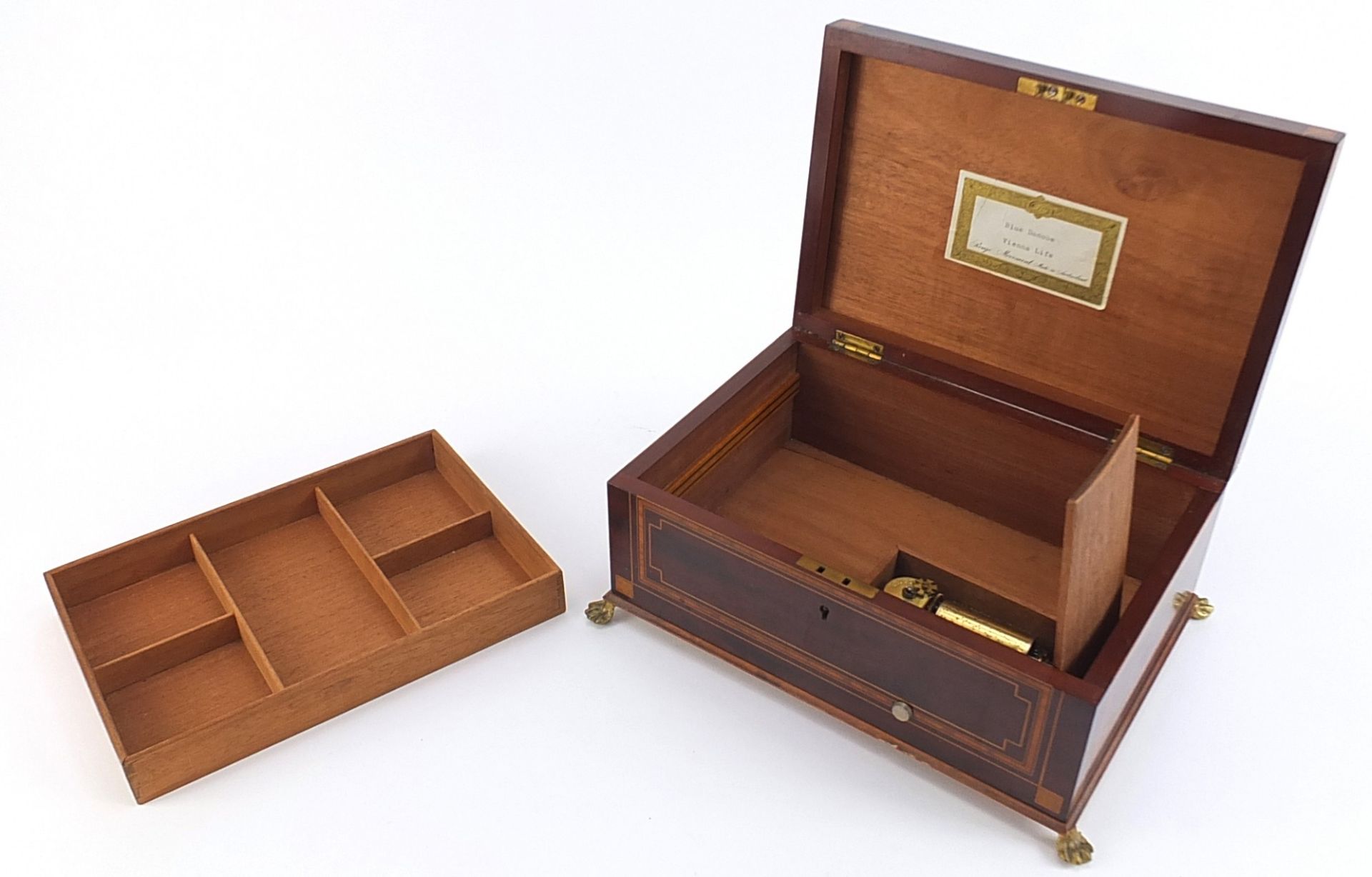 19th century inlaid mahogany musical jewellery box with lift out interior and Reuge movement, 11.5cm - Image 4 of 6