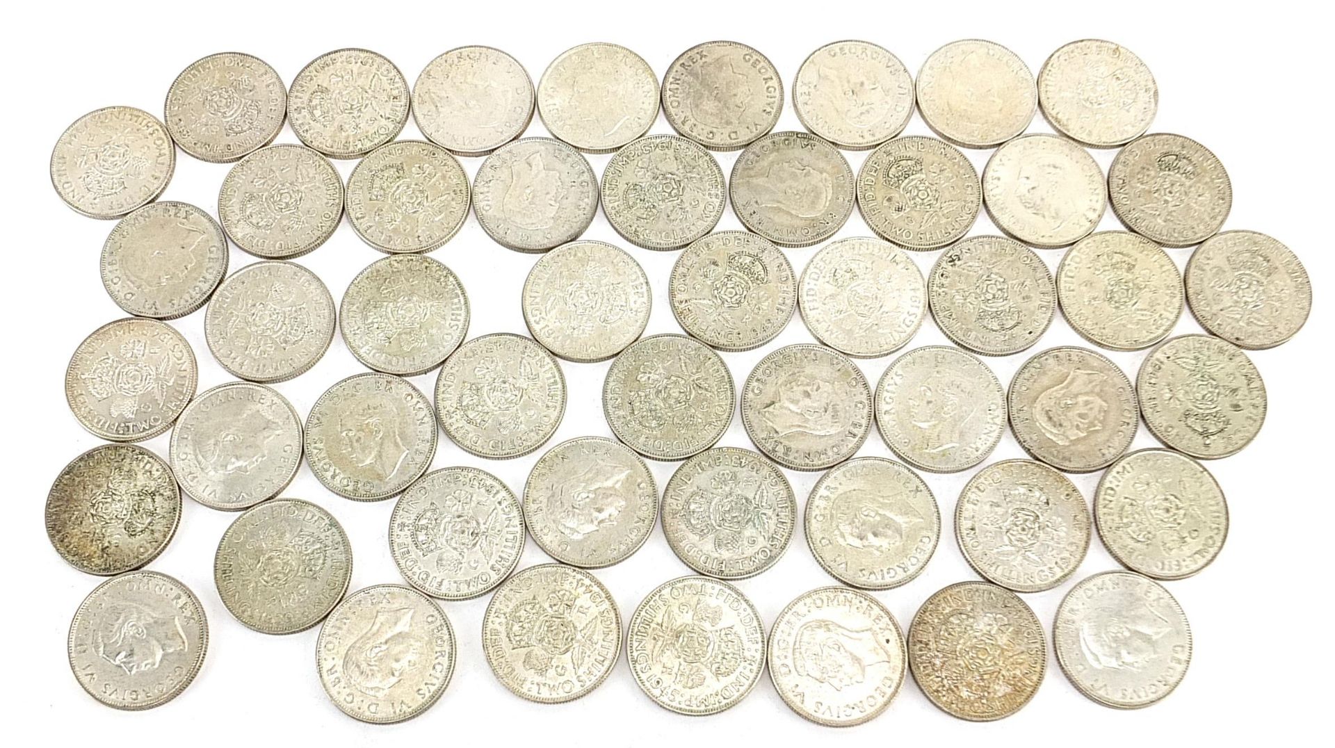 Collection of George VI British pre 1947 two shillings, 566.5g