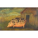 Pig in a pig sty eating apples, 19th century Naive oil on wood panel, inscribed in ink verso,