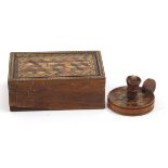 Tunbridge Ware Wee Willy Winkie candle stick and tumbling block design box with hinged lid, the