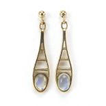 Pair of unmarked gold cabochon opal drop earrings, tests as 9ct gold, 28mm high, 2.1g
